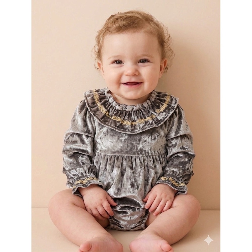Billie Faiers George Grey Crushed Velvet Romper Gold Embroidery 18-24 Months